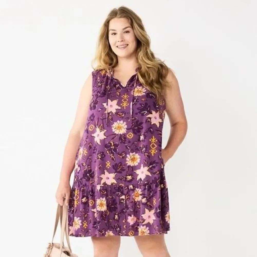 Sonoma Dress Womens Size XL Purple Floral Linen Rayon Blend  Boho
